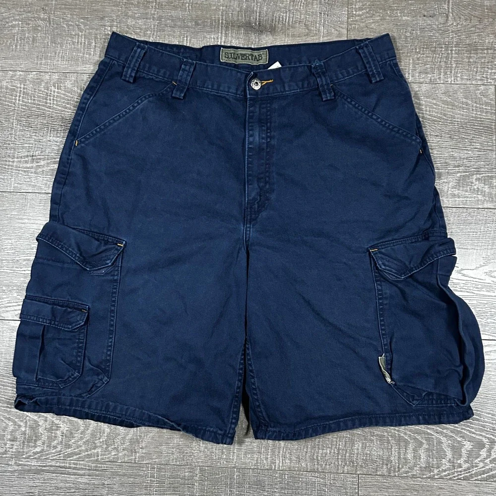 Levis SilverTab Navy Blue Cargo Shorts Mens 36 Heavy Duty Tactical Baggy Y2K